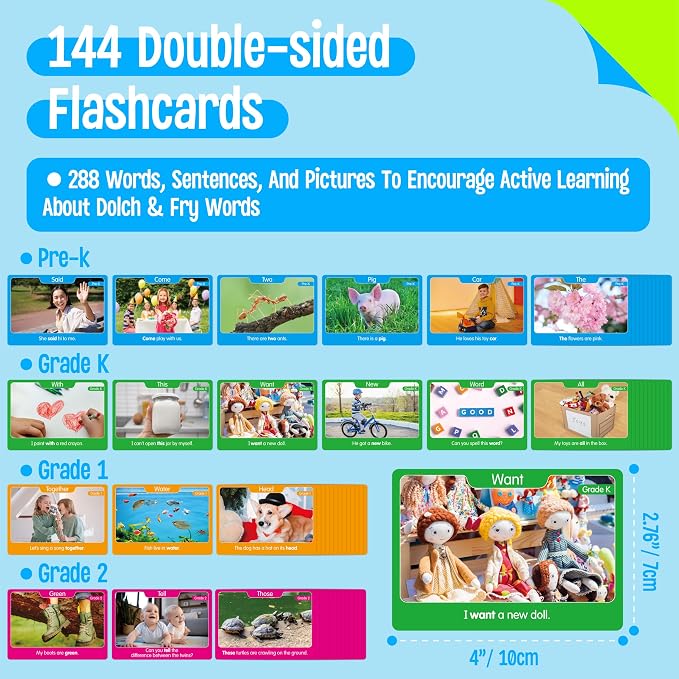 288 Dolch & Fry Sight Words for Kids, 144 Flashcards in 4 Levels - Image 2
