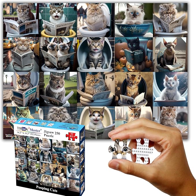 Think2Master Pooping Cats 250 Pieces Jigsaw Puzzle Featuring heartwarming Kittens and Cats. Perfect Bathroom Decoration, White Elephant Gag Gift. Fun Puzzle for Adults & Teens. Size: 14.2” X 19.3” by Think2Master