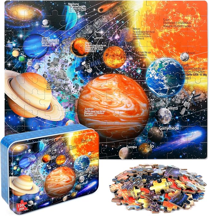 LELEMON 100 Pieces Jigsaw Puzzles for Kids Ages 4-8 Solar System Planets Jigsaw Puzzle for Kids Boys Girls Children Learning Educational Puzzles in a Metal Box Pack Toy by LELEMON