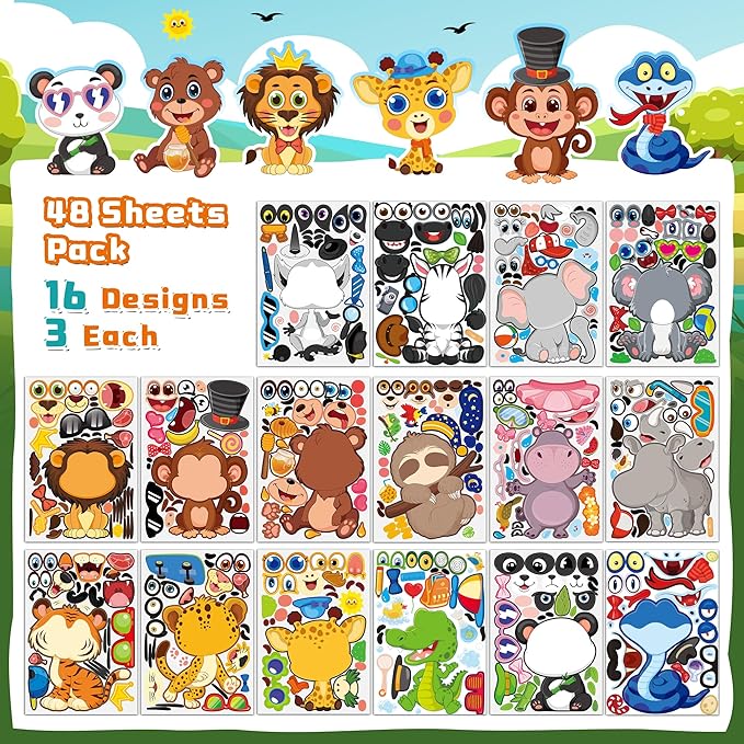 Animal Stickers for Kids - 48 Pcs Safari Birthday Decorations Wild Zoo Jungle Stickers Party Decorations Favors Supplies Crafts for Kids Toddler Student Preschool Kindergarten Gift from Teacher