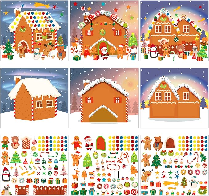 LINAYE 48PCS Make A Gingerbread House Stickers, Christmas Crafts for Kids Toddlers, Gingerbread House Craft Stickers, Christmas Activities Games for Kids Party Favors, 24 Finished Products by LINAYE