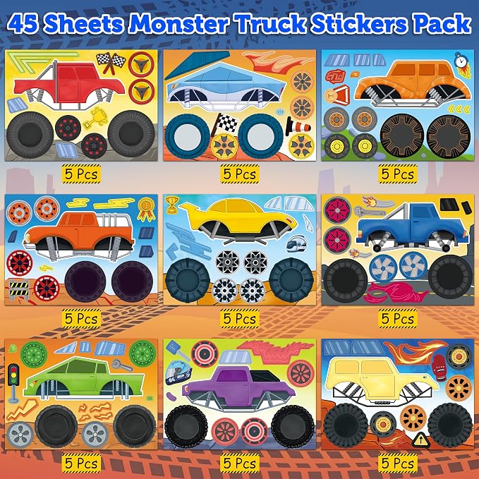 LINAYE 45 Sheets Monster Truck Stickers for Kids Toddlers, Make Your Own Monster Truck Stickers Birthday Party Favors Activities Goodie Bag Filler Crafts for Kids Classroom - Image 2