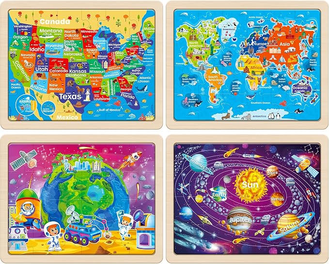 SYNARRY Large USA Map, World Map & Solar System Wooden Puzzles Ages 4-6 - Image 2