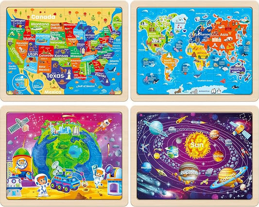 SYNARRY Large USA Map, World Map & Solar System Wooden Puzzles Ages 4-6 - Image 2