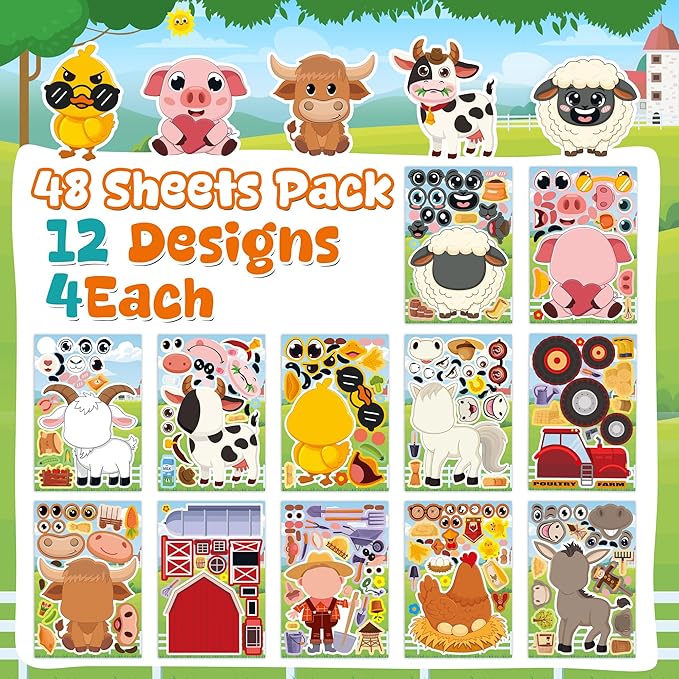 Farm Animal Stickers 48 Sheets Make A Face Stickers for Kids Toddlers Crafts Goodie Bags Stuffers Party Favors Activities Gifts for Classroom Birthday Party Decorations Supplie Essentials