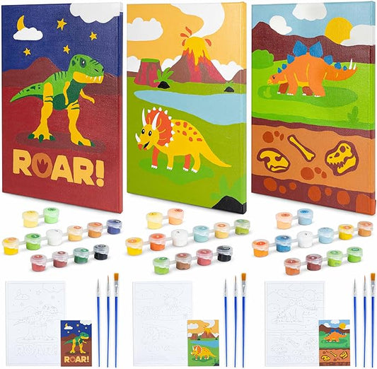 BONNYCO Paint by Numbers Kit for Kids Dinosaurs Pack 3 Canvas. Paint by Number, Canvas Framed Pre Drawn. Dinosaurs Gifts for Boys, Arts and Kids Crafts 4-6 8-12. Pintar por Numeros, Dino Craft