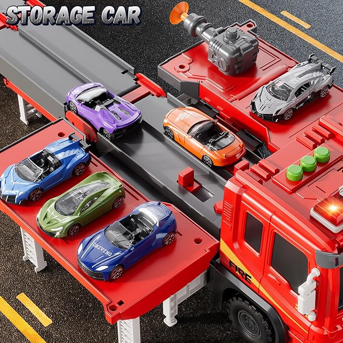 Fire Trucks Toys for Toddlers Ages 3-5, Folded Carrier Truck Race Track with with Lights & Sounds and 6 Racing Car Toys, Birthday Gift for 3 4 5 6 7 8 Years Old Boys Girls