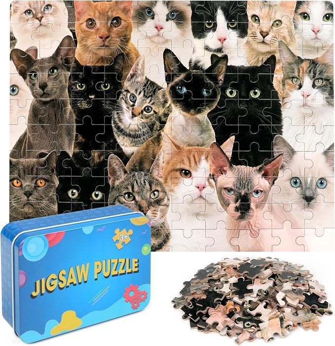 LELEMON 100 Pieces Cute Cats Jigsaw Puzzle for Kids Ages 4-8 Multicolor Cats Puzzles in a Metal Box Children Girls Boys Learning Educational Puzzles Toys by LELEMON