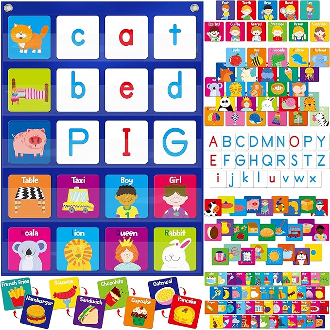 Magnetic Word Pocket Chart, 156 Double Sided Flashcards - CVC Words, First Words & 26 Letters, CVC Literacy Games, Phonics Reading and Spelling Learning Tool for Kindergarten Classroom by SpriteGru