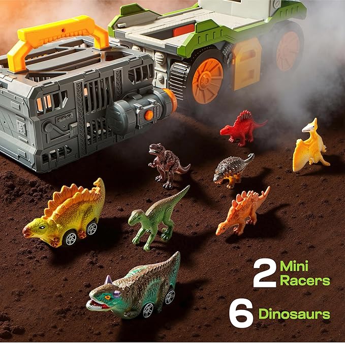 Jova Vroomix Dinosaur Toys for Kids 3-5, Dinosaur Carrier Truck with 2 Pcs Cars and 6 Pcs Figures for Toddlers, Birthday Gifts Toys for 3 4 5+ Year Old Boy, Christmas Great Gifts for Grandkids