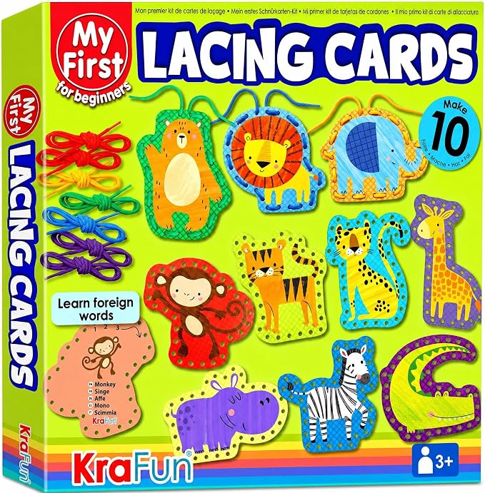 KRAFUN Safari Animal Lacing Cards Age 3+ | 10 Projects (Lion, Zebra) by FunCreativeArtsCraftKits