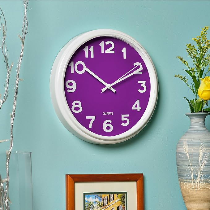 Bernhard Products Large 12.5 Inch Purple Wall Clock with Non-Ticking Sweep Movement, Quartz Analog Display, Solid Plastic Case, Metal Hands, Battery Operated, Easy to Read - Image 4