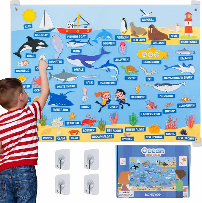 BONNYCO Felt Board for Toddlers with 107 Sea Animals Figures. Montessori and Sensory Toys, Birthday Gifts for Kids 3-8 Years Old. Educational Games, Learning Activities, Christmas by BONNYCO