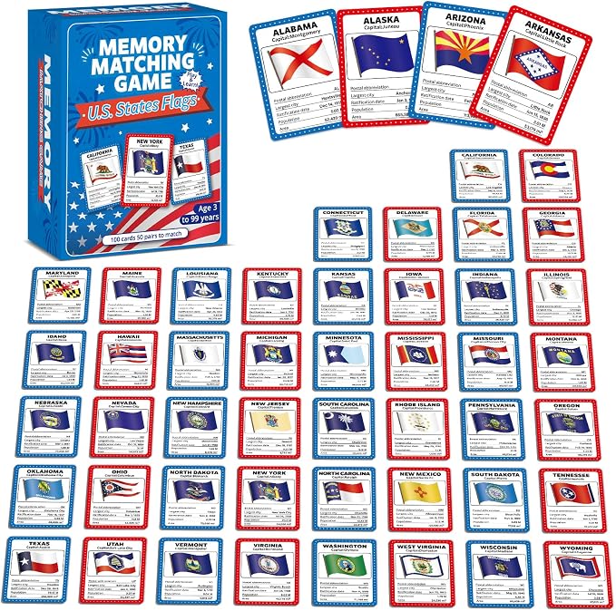 gisgfim 100 PCS Memory Matching Game Flags of U.S. States Concentration Memory Card Educational Cards Games Geography Learn States Capitals Game Gift for Kid Adults Learning Activities Matching Games by gisgfim