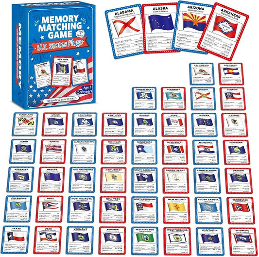 gisgfim 100 PCS Memory Matching Game Flags of U.S. States Concentration Memory Card Educational Cards Games Geography Learn States Capitals Game Gift for Kid Adults Learning Activities Matching Games by gisgfim
