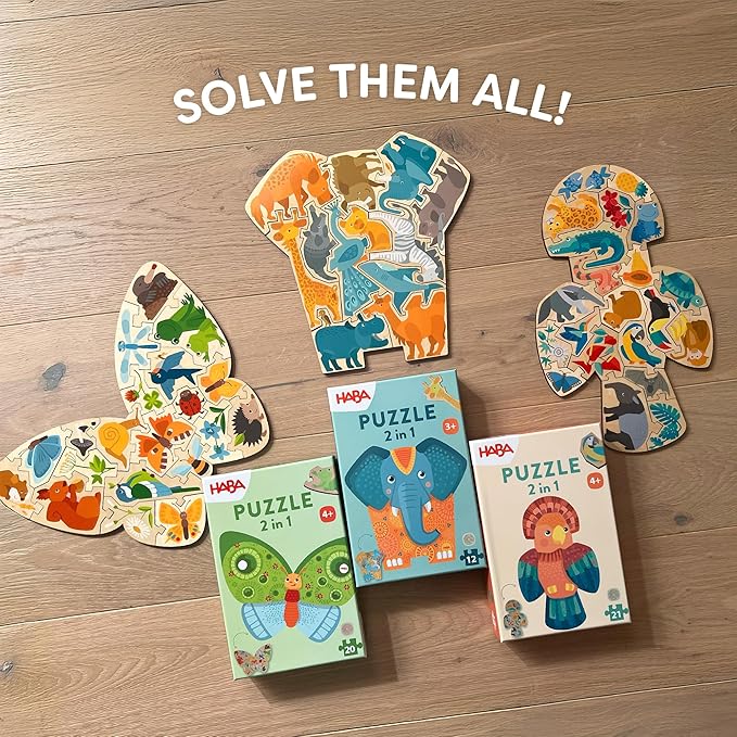 HABA Wooden Puzzle Elephant - 2 in 1 Reversible Puzzles for Kids Ages 4-6, Durable Educational Toys and Wooden Montessori Toys
