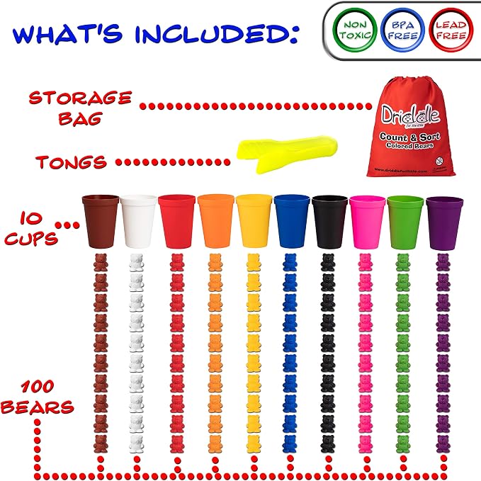 Driddle Colorful Counting Bears with Matching Cups - 100 Bears - Sort, Count & Color Recognition Learning Toy for Toddler & Kids - Montessori Education - Preschool Game - Image 4