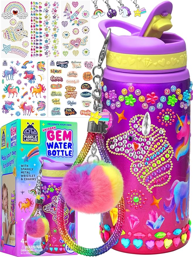 PURPLE LADYBUG Decorate Your Own Water Bottle Kit for Girls - Gifts for Ages 5 6 7 8 9 10 Year Old Girl Birthday, Girl Valentines Day Gifts Unicorn Toys Crafts Kids Ages 6-12