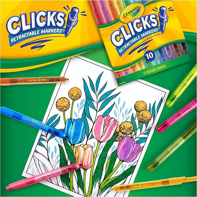 Crayola Clicks Retractable Tip Markers (10ct), Stocking Stuffers for Kids & Toddlers, Cone Tip Washable Art Marker Set, Coloring Book Supplies, No Dry, 3+