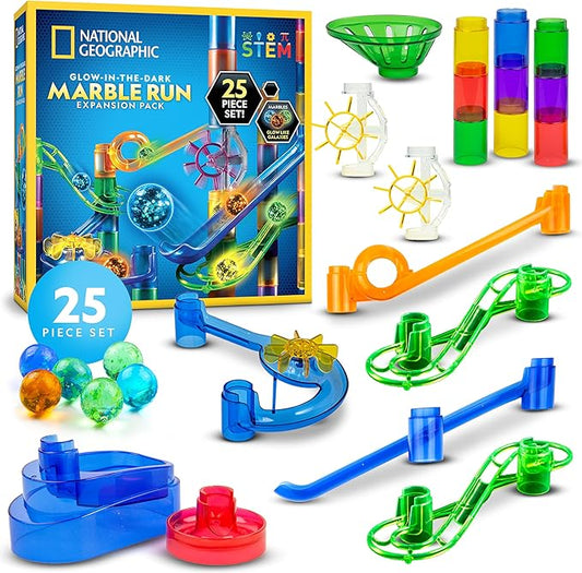 NATIONAL GEOGRAPHIC Glowing Marble Run Expansion Pack - 5 Glow in The Dark Glass Marbles, 20 Construction Pieces, Great Creative STEM Toy for Girls and Boys, Marble Maze