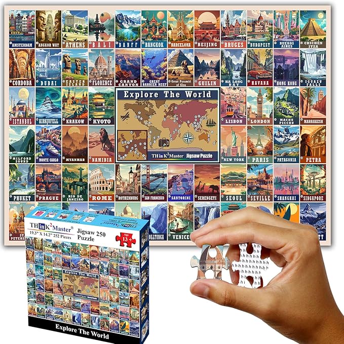 Think2Master Colorful Vintage World Destinations 250 Pieces Jigsaw Puzzle. Fun Educational Puzzle for Families. Great Gift for Teens & Adults with Interested in Traveling 14.2” X 19.3” by Think2Master