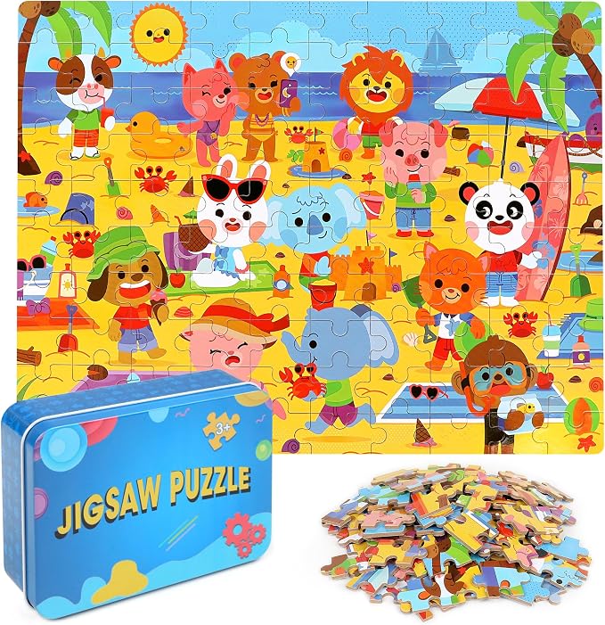 LELEMON Beach Animal Jigsaw Puzzles in a Metal Box 100 Pieces Beach Animal Party Jigsaw Puzzle for Kids Ages 4-8 Children Learning Educational Puzzles Toys by LELEMON
