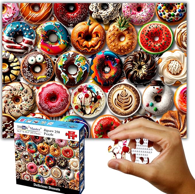 Think2Master Donuts 250 Pieces Jigsaw Puzzle. Perfect White Elephant Gag Gift. Fun Puzzle for Families. Great Gift for Adults and Teens. Size: 14.2” X 19.3” by Think2Master