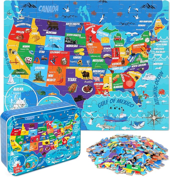 LELEMON United States Puzzles for Kids Ages 4-8,100 Pieces USA Sea Map Jigsaw Puzzles in a Metal Box,Fun America Map Learning Educational Toys for Boys Girls by LELEMON