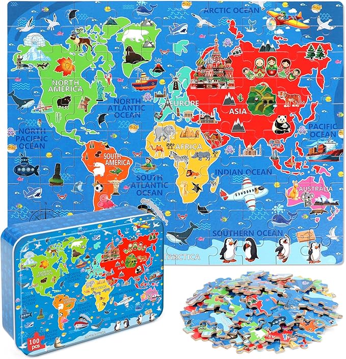 LELEMON World Map Puzzles for Kids Ages 4-8,100 Pieces World Sea Map Jigsaw Puzzles in a Metal Box,Fun World Map Learning Educational Toys for Boys Girls by LELEMON