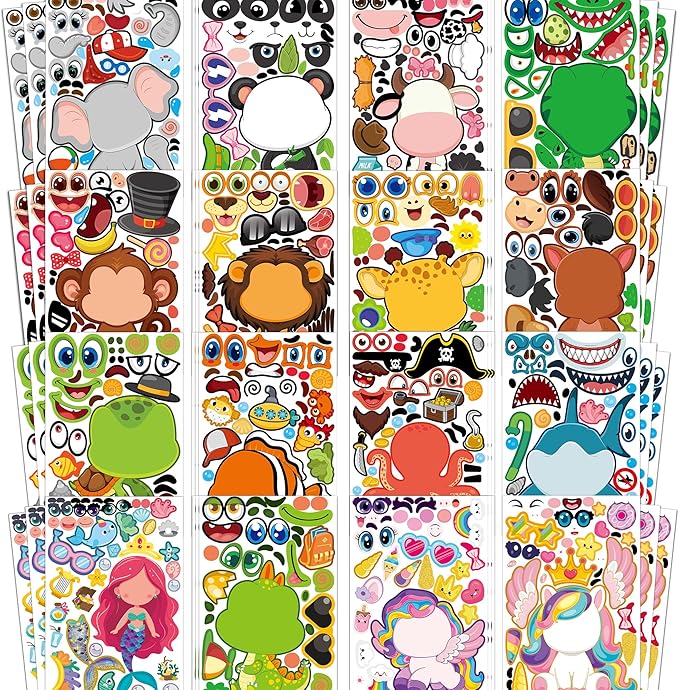 Stickers for Kids - 48 Sheets Make a Animal Face Stickers - Crafts Goodie Bags Stuffers Party Favors Activities Gifts for Kids Toddler Christmas Birthday School Classroom Supplies Age 4-8