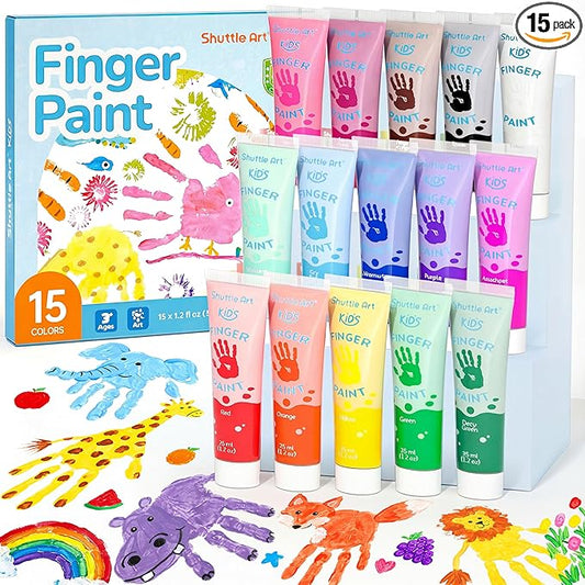 Shuttle Art Washable Finger Paint for Toddlers, 15 Vibrant Colors (1.2 fl oz) Toddler Paint, Non-Toxic Finger Painting for Toddlers 1-3, Kids Arts and Crafts