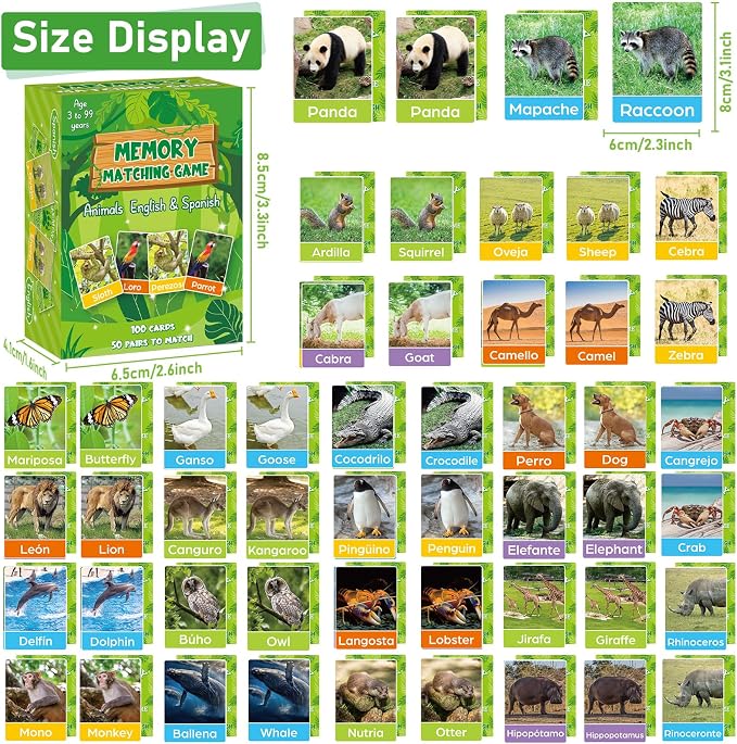 gisgfim 100 PCS Memory Matching Games Spanish English Bilingual Animal Memory Matching Games Educational Game for Kids and Adults A Fun & Fast Animal Game Toddlers Preschool Family Board Gift - Image 2