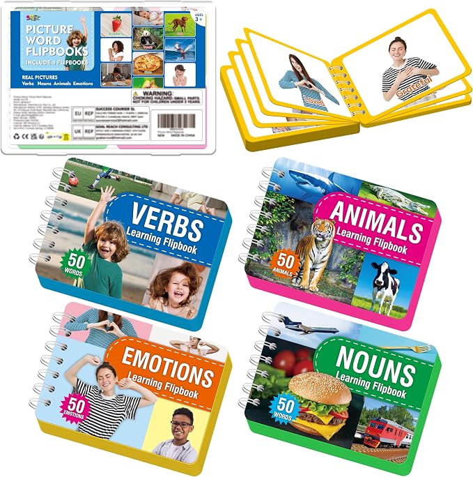 4 Flipbooks for Learning Words, Mini Book Set with Real Pictures, Vocabulary Builder to Learn Verbs, Nouns, Foods, Animals, Double Sided Printed Word Learning Flipbook, Early Educational Tool For Kids by SpriteGru