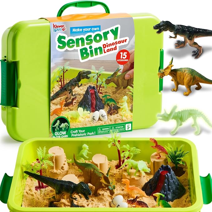 JOVA Klever Kits Dinosaurs Sensory Bin Toys for Kids with Glow in The Dark Dinosaurs, Sandbox with Lid Sand, Preschool Learning Activities Gifts for Boys Girls Age 3+ by KleverKits