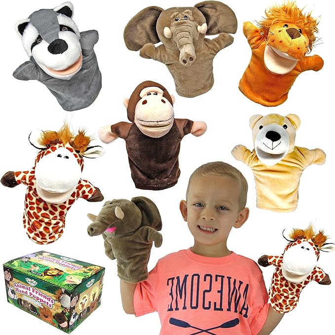 JOYIN 6Pcs Kids Hand Puppet Set with Working Mouth, Toddler Plush Toy Includes Elephant, Giraffe, Lion, Bear, Raccoon and Monkey for Show Theater, Christmas Birthday Gifts for Kid