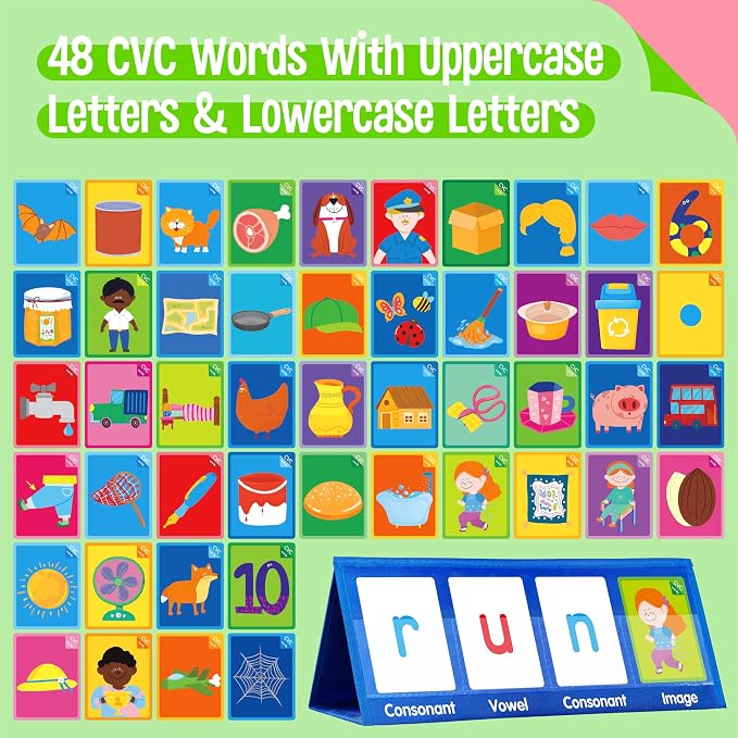Word Building Desktop Pocket Chart, 48 CVC Words & 50 First Words, Double-Sided Tent Word Builder, Vocabulary Learning Flashcards Set for Kindergarten Reading and Spelling - Image 3