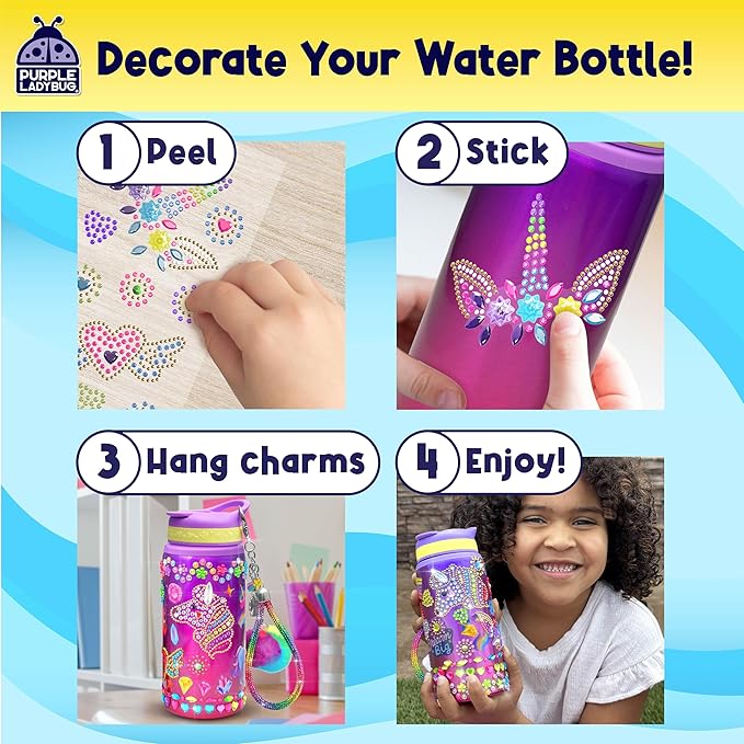 PURPLE LADYBUG Decorate Your Own Water Bottle Kit for Girls - Gifts for Ages 5 6 7 8 9 10 Year Old Girl Birthday, Girl Valentines Day Gifts Unicorn Toys Crafts Kids Ages 6-12