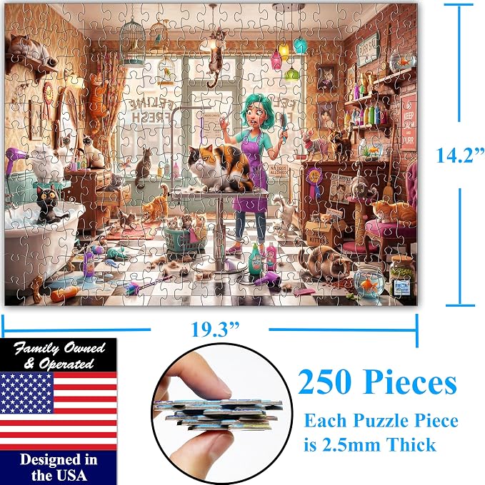 Think2Master Chaotic Cat Salon 250 pieces Large Format Jigsaw Puzzle: 13+, teens, adults & families. illustration of kitten frenzy at whimsical feline pet grooming shop. Great gift. Size 19.3” X 14.2” - Image 6