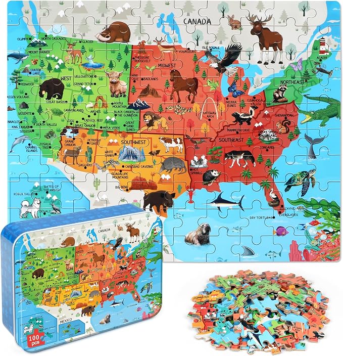 LELEMON United States Puzzles for Kids Ages 4-8,100 Pieces USA Fun America Animal Map Learning Educational Toys for Boys Girls by LELEMON
