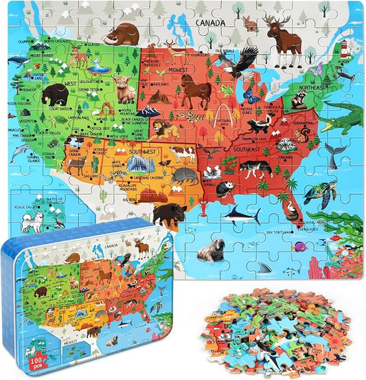 LELEMON United States Puzzles for Kids Ages 4-8,100 Pieces USA Fun America Animal Map Learning Educational Toys for Boys Girls by LELEMON