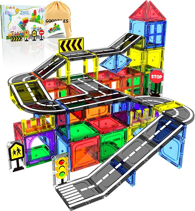 Magnetic Tiles - Road Set, Magnetic Building Blocks, Preschool Montessori Toys Gift for 3+ Year Old Boys and Girls, Sensory Christmas Toys for Kids Aged 3-5 and 4-8, Ideas for Kid with Autism by Goodtiles