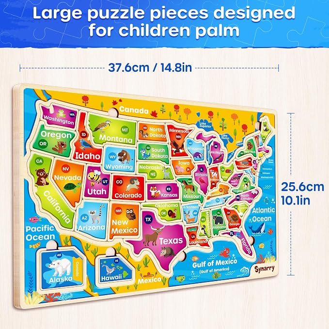 SYNARRY Large USA Wooden Puzzles for Kids Ages 3-5, Learning United States Map Puzles for Kids Ages 4-6, Wood Jigsaw Puzzles Educational Games Toys Gifts for Boys Girls Ages 3-8 - Image 6