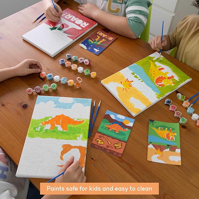 BONNYCO Paint by Numbers Kit for Kids Dinosaurs Pack 3 Canvas. Paint by Number, Canvas Framed Pre Drawn. Dinosaurs Gifts for Boys, Arts and Kids Crafts 4-6 8-12. Pintar por Numeros, Dino Craft