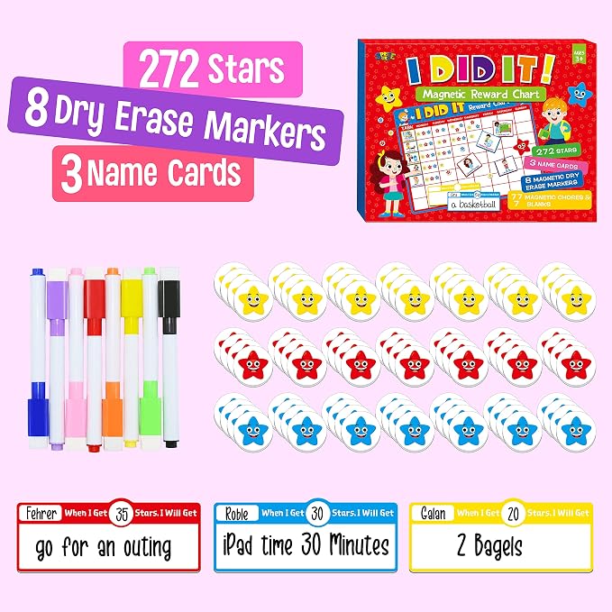 Magnetic Reward Chart, Dry Erase Kids Behavior Responsibility Task Board-84 Chores (Including 7 Blanks), 272 Magnetic Stars, 8 Markers & 3 Name Cards-Good Behavior Daily Routine to Motivate Kids - Image 3