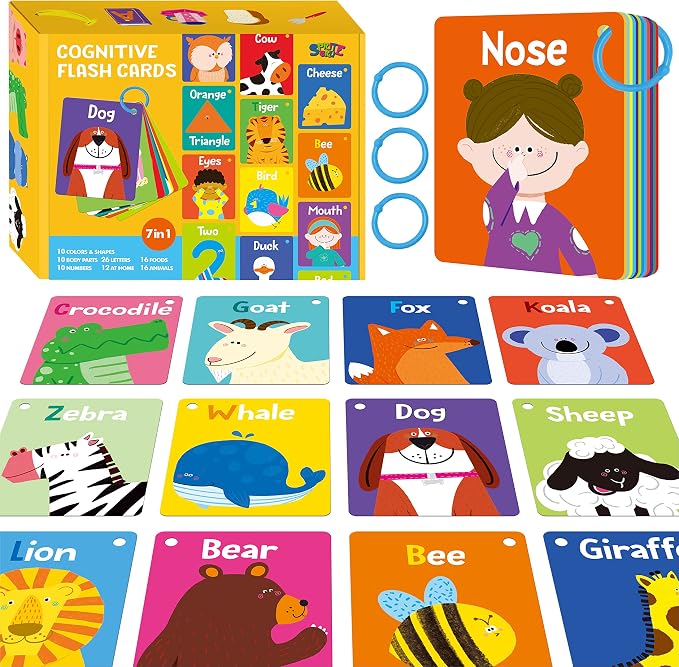50 PCS Kid First Cognitive Flashcards,Double Sided Printed 7 in 1 Colorful Cards Alphabet,Numbers, Foods,Animals,Shapes,Colors with 3 Reclosable Rings,Learning Tool for Pre-K Kindergarten Toddlers by SpriteGru