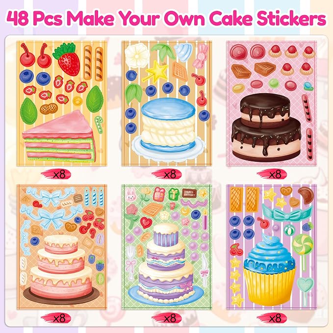 LINAYE 48 Sheets Birthday Stickers for Kids Toddlers, Make Your Own Cake Stickers, Happy Birthday Party Activities Favors Goodie Bag Filler for Kids Classroom - Image 2