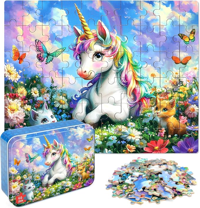 LELEMON Unicorn Puzzles for Kids Ages 4-8,60 Pieces Raibow Unicorns Cats Butterfly Jigsaw Puzzles in a Metal Box,Cute Raibow Unicornss Learning Educational Puzzles for Boys Girls by LELEMON