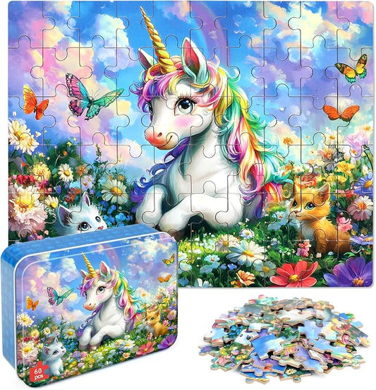 LELEMON Unicorn Puzzles for Kids Ages 4-8,60 Pieces Raibow Unicorns Cats Butterfly Jigsaw Puzzles in a Metal Box,Cute Raibow Unicornss Learning Educational Puzzles for Boys Girls by LELEMON
