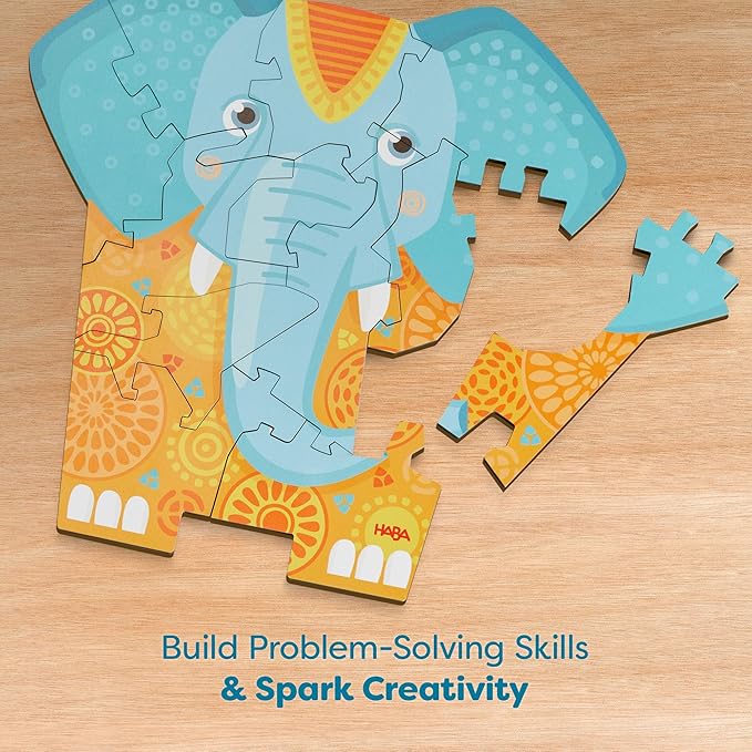 HABA Wooden Puzzle Elephant - 2 in 1 Reversible Puzzles for Kids Ages 4-6, Durable Educational Toys and Wooden Montessori Toys