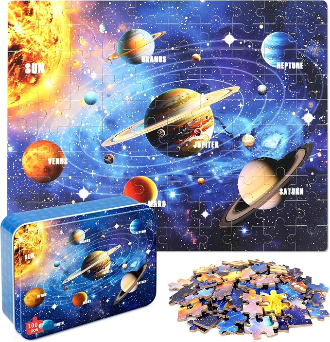 LELEMON 100 Pieces Jigsaw Puzzles for Kids Ages 4-8 Solar System Planets Educational Puzzles Boys Girls Children Learning Educational Puzzles Portable Box Pack Toy by LELEMON